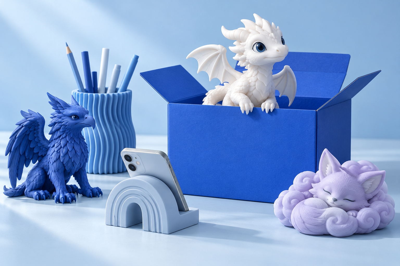 Cena conceitual com uma caixa azul, dragão branco, grifo azul, raposa lilás e objetos para casa